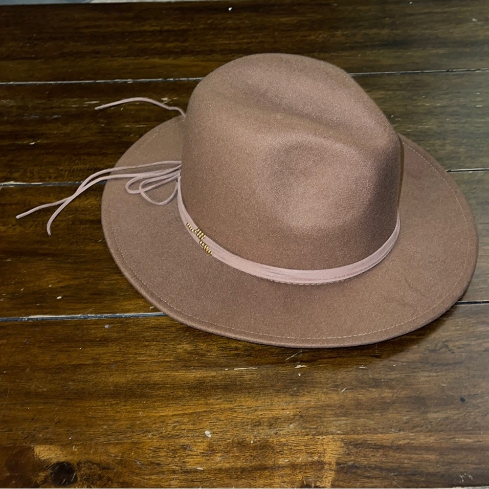 Wool Felt Wide Brim Fedora Hat with Ribbon Tie Band – Taupe/Pecan - Picture 3 of 4